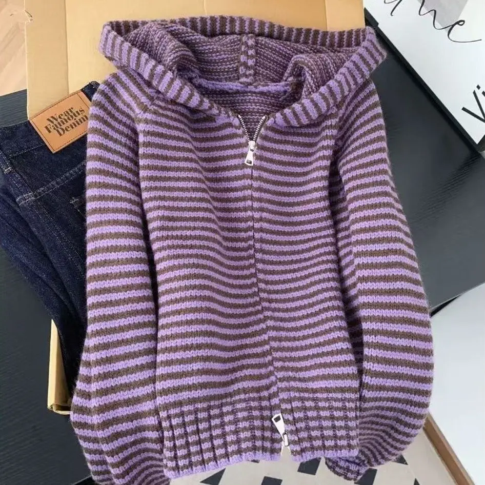 Kimutomo Korean Style Loose Zipper Hooded Sweater Cardigan Women Autumn Winter Color Block Striped Knit Outerwear Top