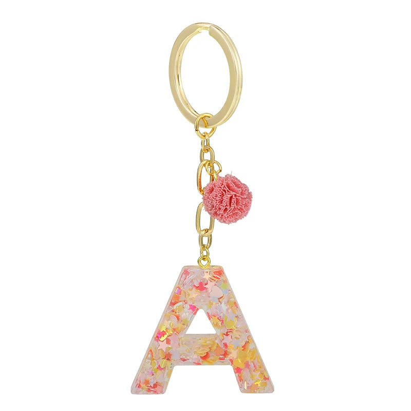 1Pc Pink Pompom Letter Keychain English Alphabet Keyring with Puffer Ball Glitter Gradient Resin Car Mirror Handbag For Women