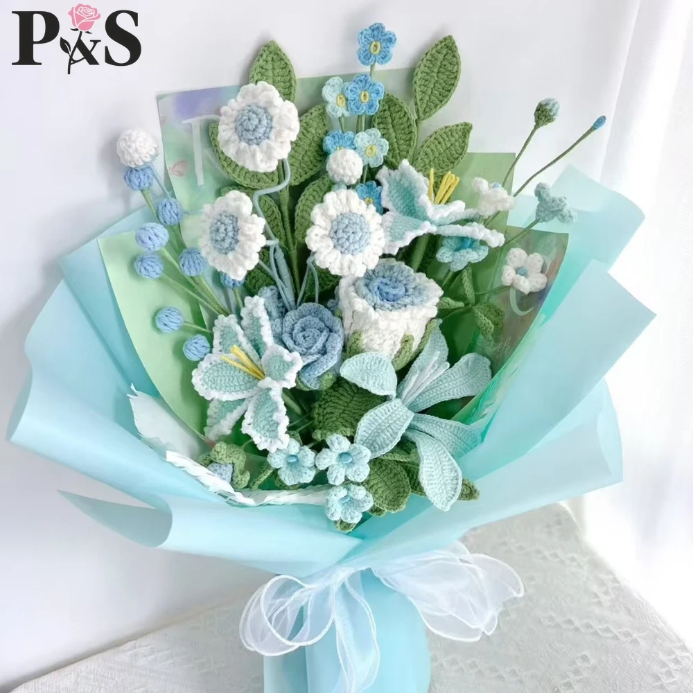 

Crochet Flower Bouquet Handmade Blue White Rose Lily Daisy Knitted Finished Artifical Flowers Home Decoration Gifs for Birthday