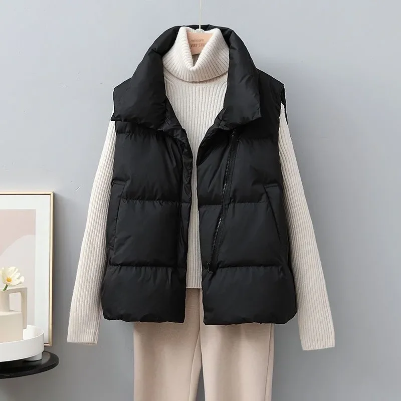 

Women's Solid Color Zipper Pocket Sleeveless Stand Collar Casual Cardigan Jacket Fashion Top