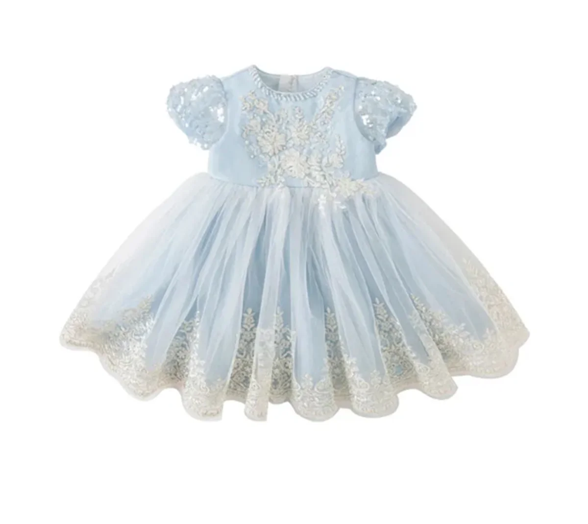 カスタマイズされたスカイブルーフラワーガールドレス結婚式のためのアップリケスパンコール弓半袖素敵な幼児の写真撮影のガウン