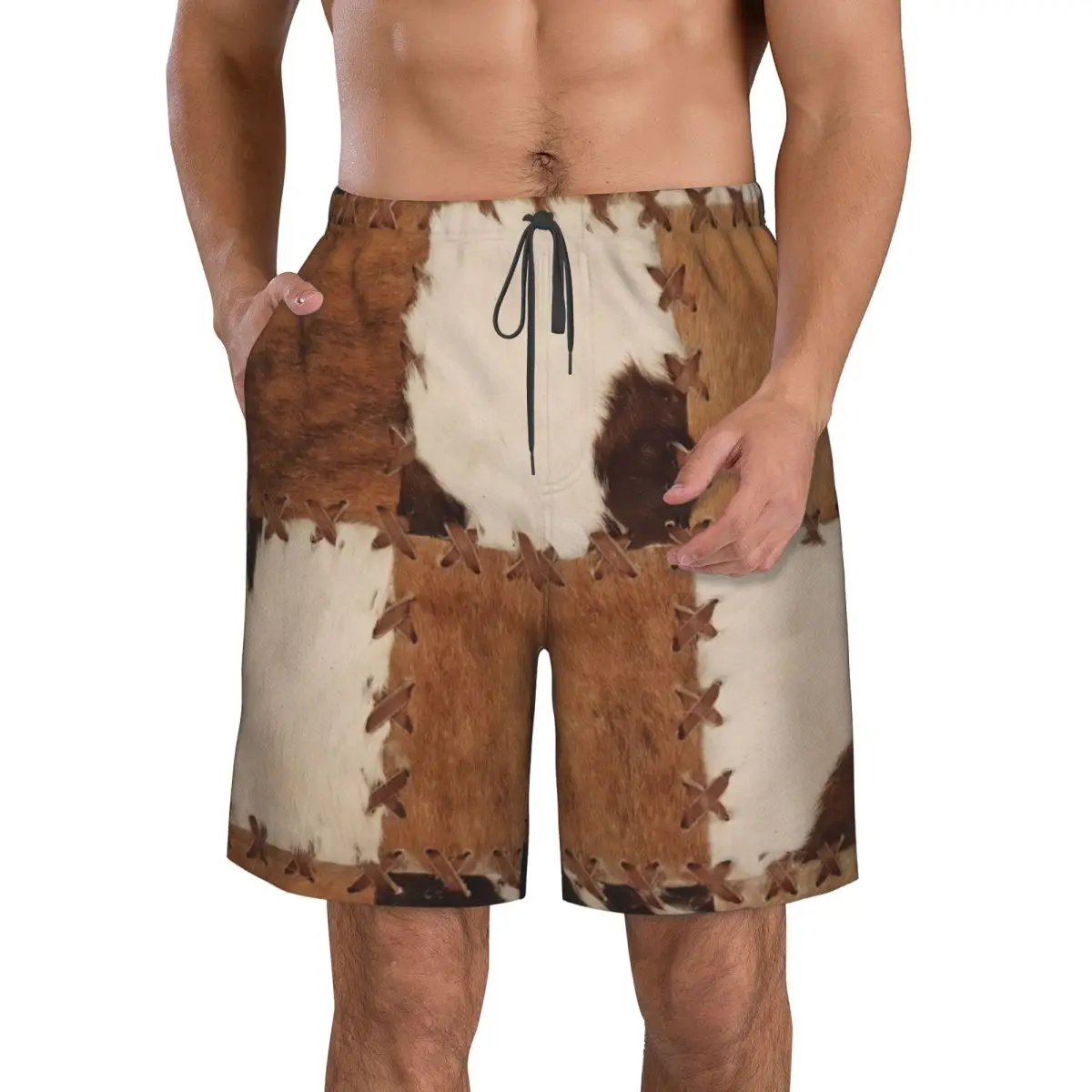 Patchwork Cowhide Rustic Western Decor Trunks Beach Board Shorts Casual Quick Dry Swim Summer Men Pants