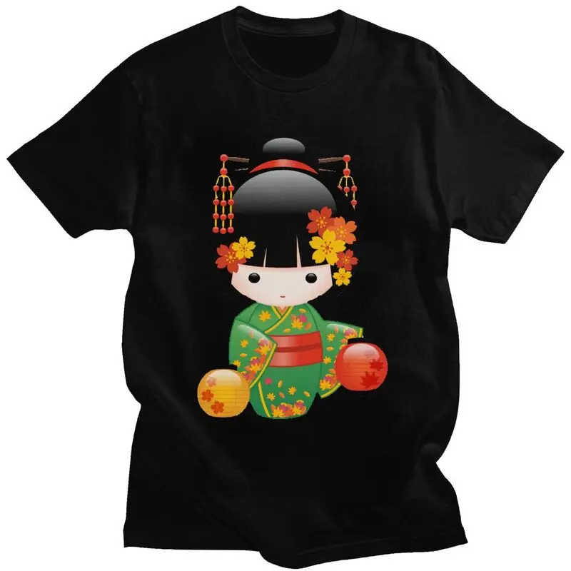 Custom Fashion Kawaii Kokeshi Doll T Shirts Men Short-Sleeve Japanese Kimono Geisha Girl Tee 100% Cotton Slim Fit Tshirt Gift