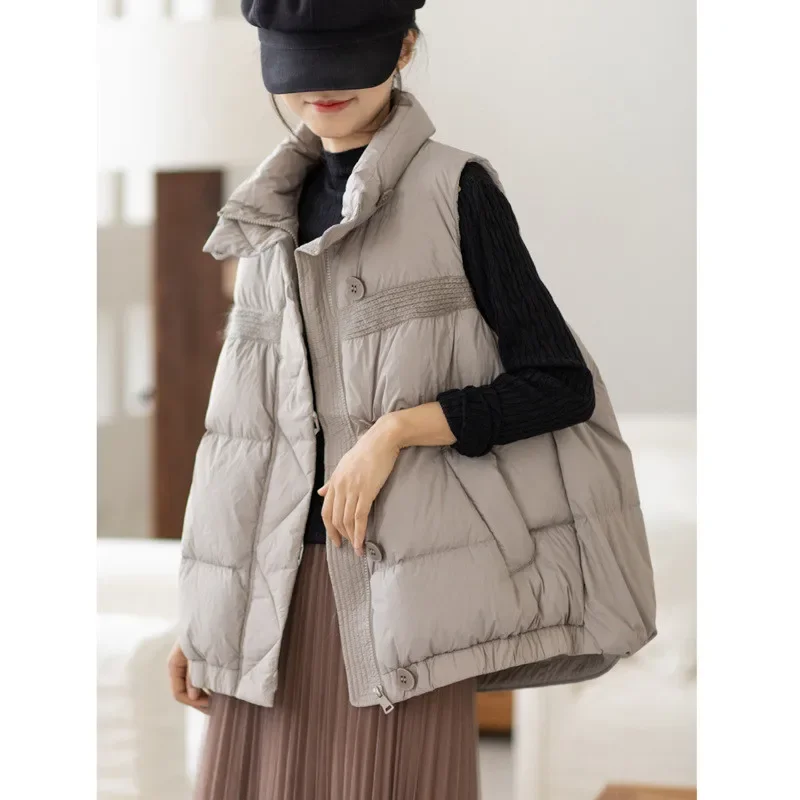 Warm Thicken White Duck Down Vest Coat Women Down Vest Jakcet Autumn Ladies Stand Collar Sleeveless Oversize Waistcoat B886