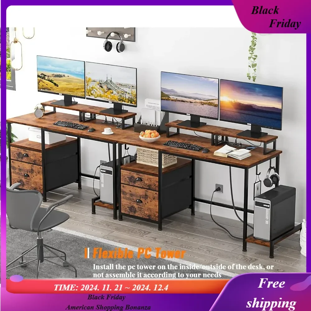 

47" Office Desk with 2 Monitor Stands and Fabric File Cabinet, Writing Gaming Shelves and 2 Hooks for Home Office, Rustic Brown