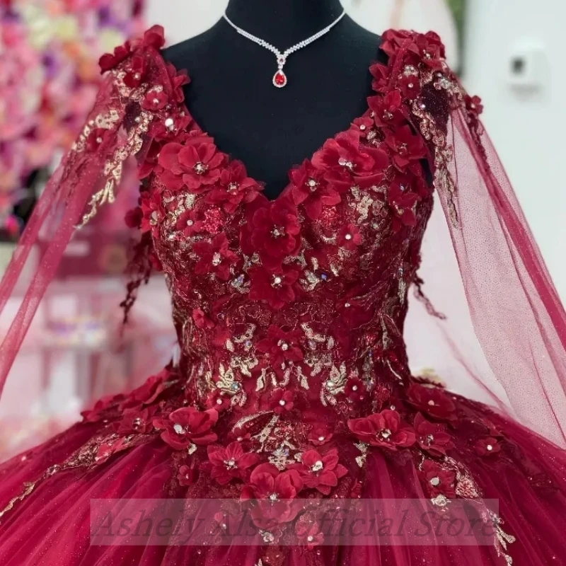 AQ182-vestidos De Quinceañera De princesa personalizados, con capa De manga, cuello en V, Vestido De baile Floral 3D, dulce 14 16 De 15 años, 2025