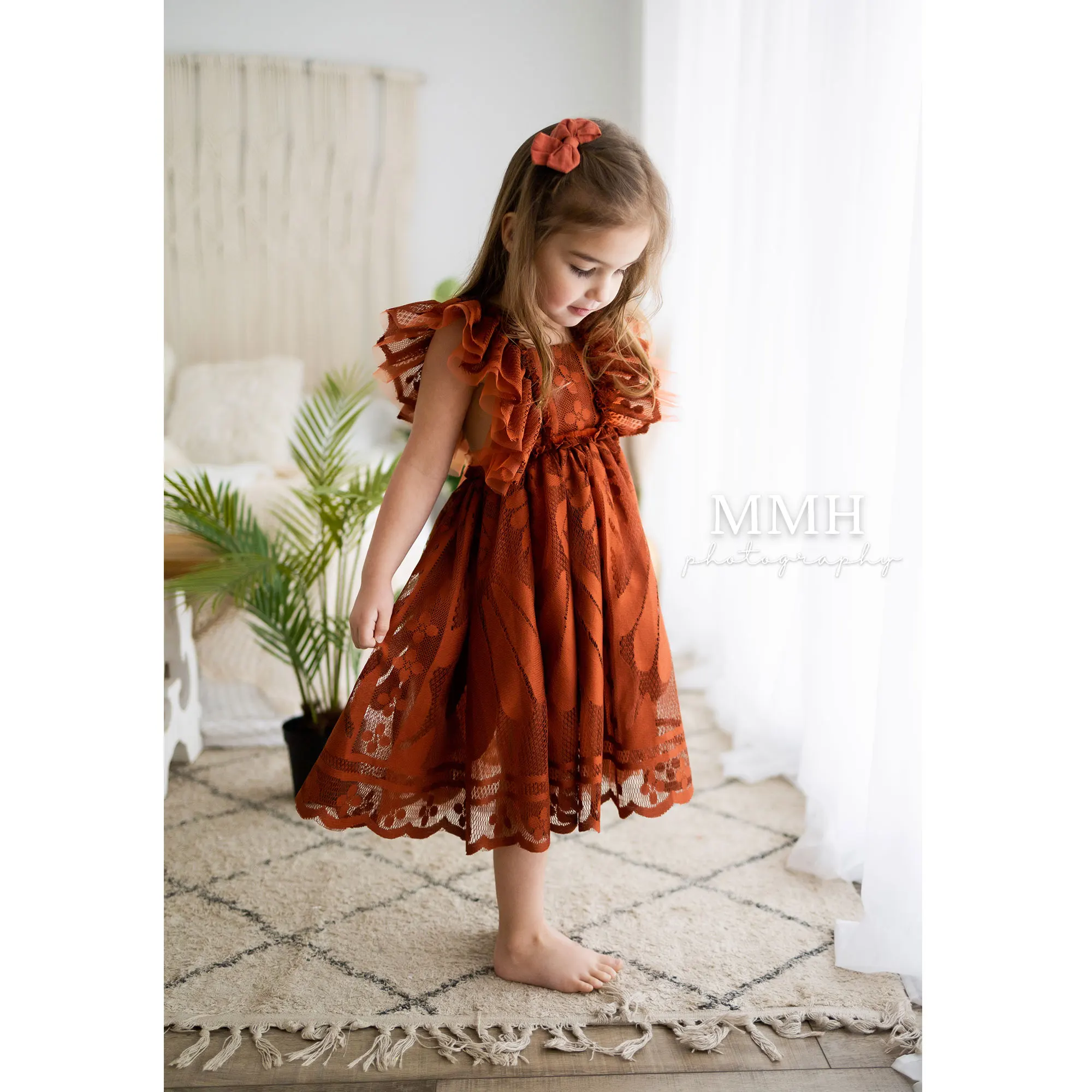 Ruffle Princess Dress Photo Shoot Props Rust Red Lace Baby Girl Kid Floral Costume Autumn Photography Dress Accessories Vestido