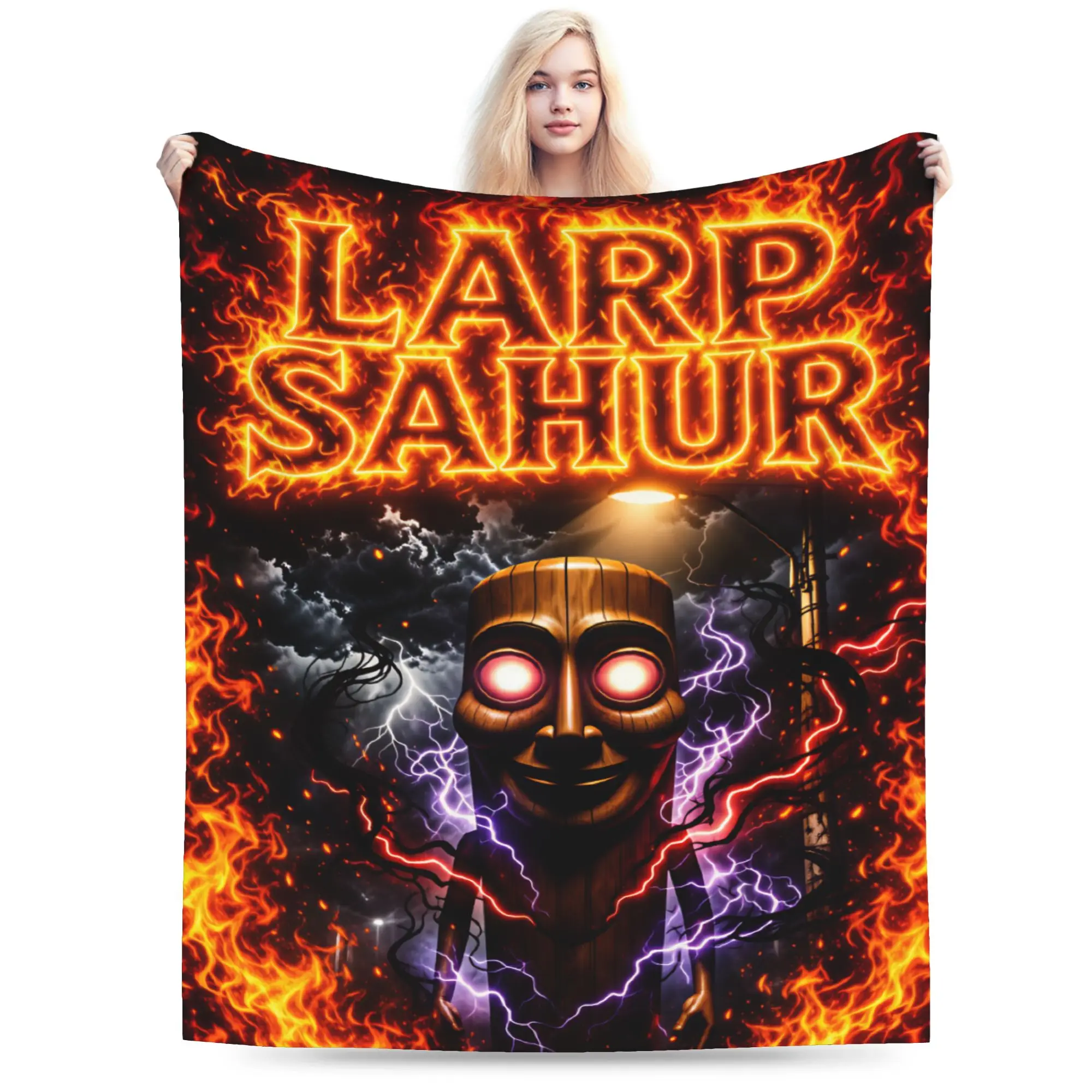 Tung Tung Sahur Fire Lightning Horror Meme Throw Blanket Warm Casual Blanket For Sofa Home Plane Flannel Bedspread Bed Cover