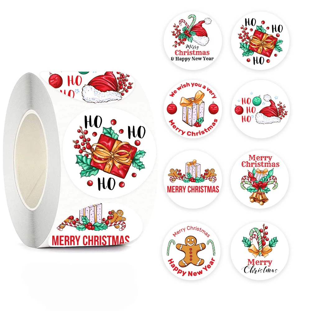 100-500pcs Merry Christmas Sticker , Round Adhesive Decoration Sticker for Cards Envelope Seal Xmas Gift Wraps Box Bags