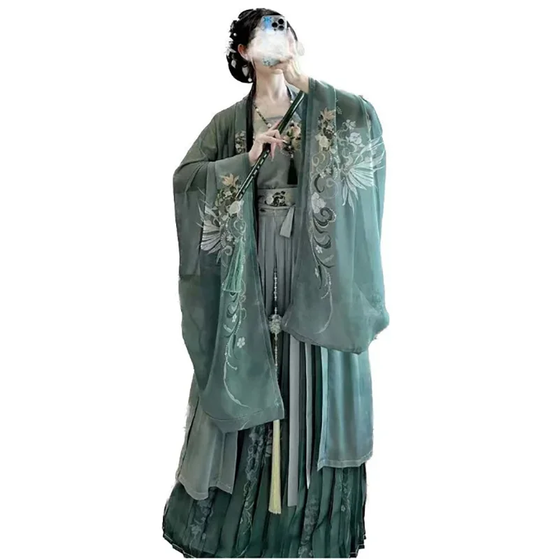Hanfu Dress Women Chinese Traditional Vintage Hanfu Female Halloween Cosplay Costume Printed Hanfu Green 3pcs Sets Plus Size XL