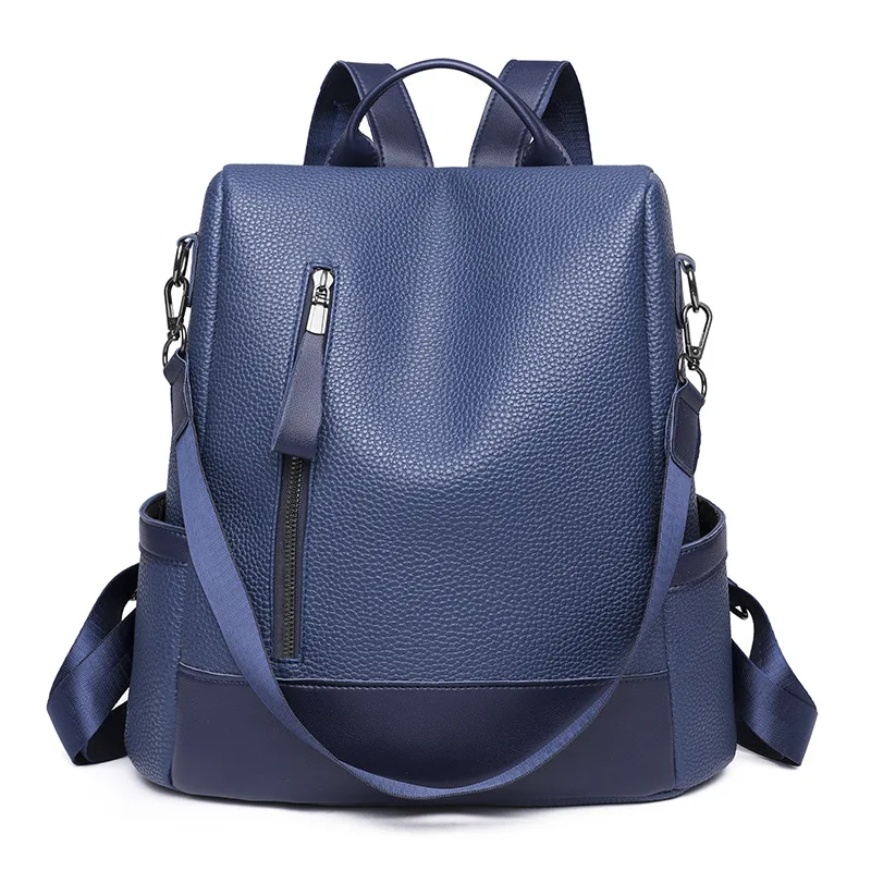 Mochila escolar informal de cuero PU para mujer, bolso de viaje de alta calidad, color negro y azul, 2022