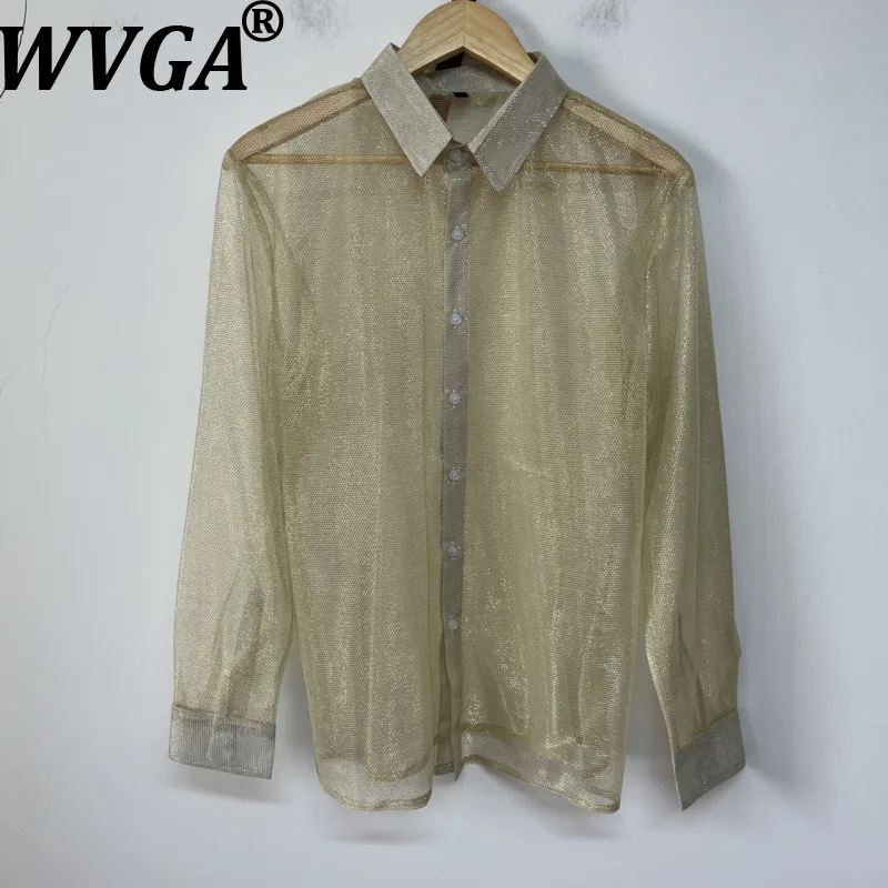 WVGA Summer New Man Sheer Mesh Layered SunProof Original Design Long Sleeve Shirt Niche Chic Casual Turn-Down Collar Tops W22714