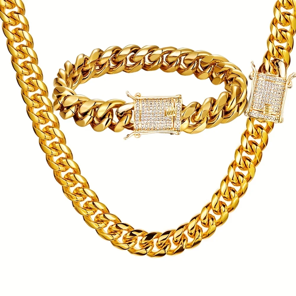 

2pcs Miami Cuban Link Chain Set for Men Hip Hop Jewelry 12mm 18K Gold Plated Stainless Steel Bracelet Necklace Set