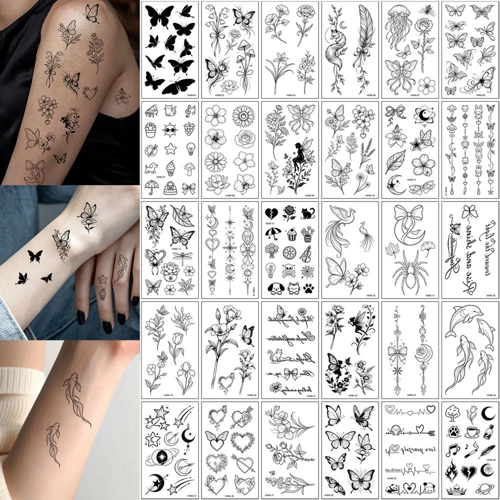 30pcs Flower Butterfly Temporary Tattoos Waterproof Moon Stars Tattoo Stickers for Women Men Hand Fake Tattoo Body Art