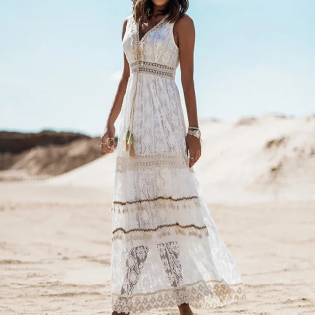Vestido maxi boho vintage Y2K con encaje y crochet para mujer