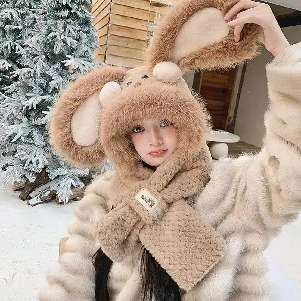 

Милая вязаная шапка с кроличьими ушками из мультфильма, утолщенные ветрозащитные пуловеры, шапки с красным лицом и защитой ушей, шапка для женщин и девочек