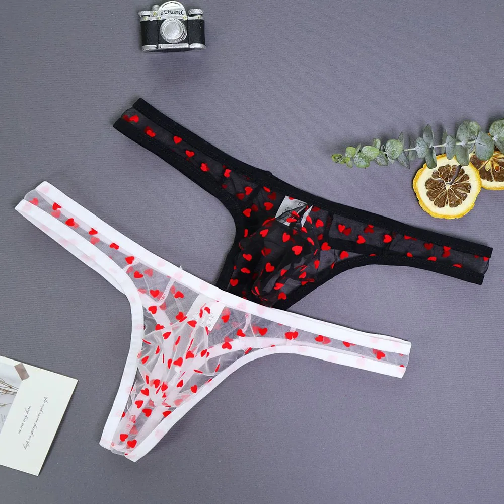 Men Mesh Heart Printed Panties Sheer Soft Sleep Thongs G-strings Breathable Ultra-Thin See Through Underwear