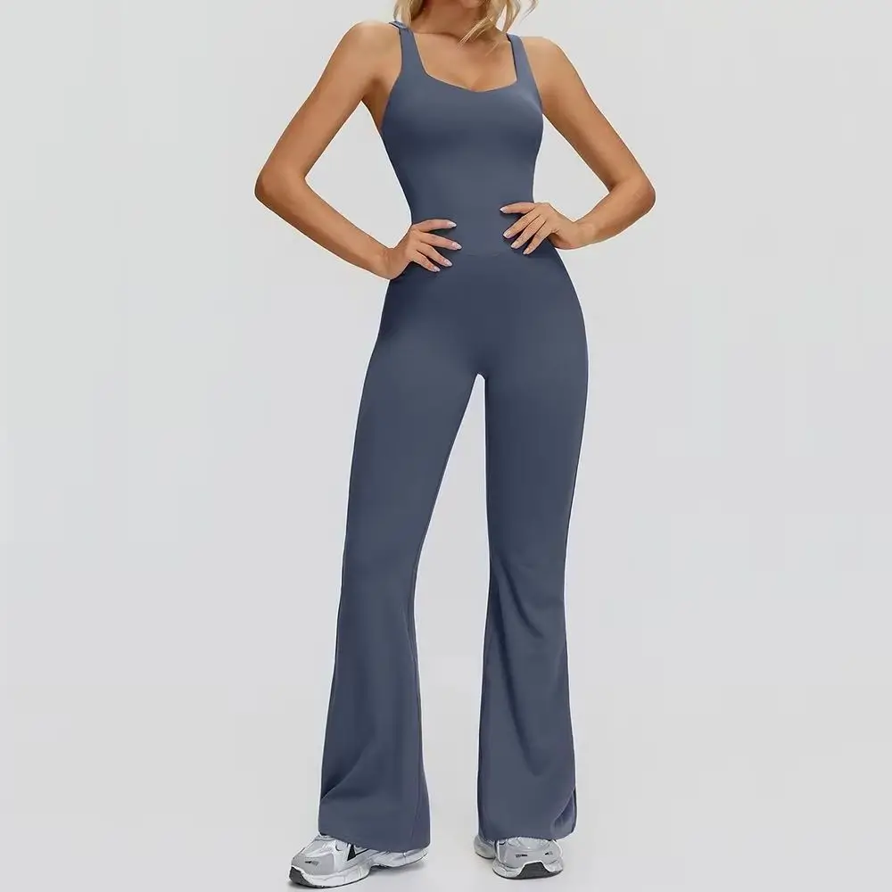 

Flared Sports Jumpsuit Fitness Yoga Bodysuits Women Backless Sportswear Sleeveless Gym Tracksuit Female Workout Bodysuits