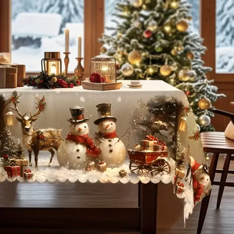 Christmas Tablecloth Rectangle/Round Table Decoration Polyester Waterproof &Stain Resistant Table Cloth for Kitchen Dinning Room