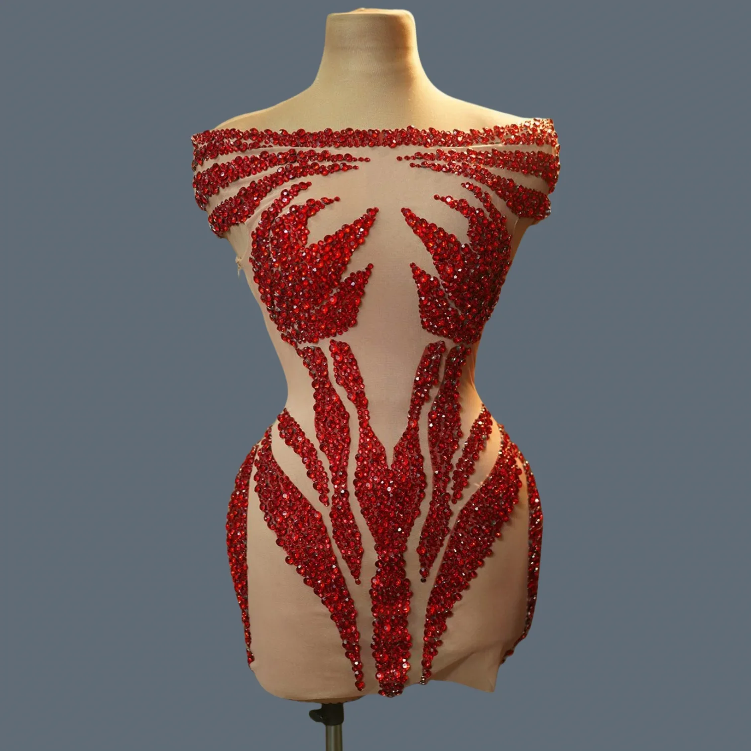 ดูผ่านตาข่ายงานปาร์ตี้ชุด Rhinestones ชุดสั้นผู้หญิงเซ็กซี่วันเกิดถ่ายภาพสวมใส่