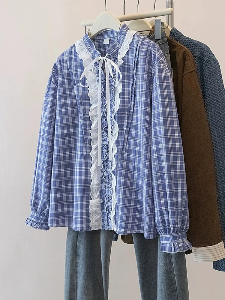 

Sweet Sle Long Sve Lace irt Women's Loose Spring Autumn Plaid Lantern Sve Top Girl's Sensation Casual Sweet Sle