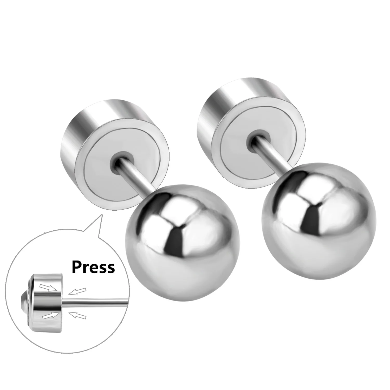 Wholesale 6 Pairs Mini Ball Stud Earrings Stainless Steel Press Back 3mm 4mm 5mm Anti-lost Ear Piercing Jewelry Set
