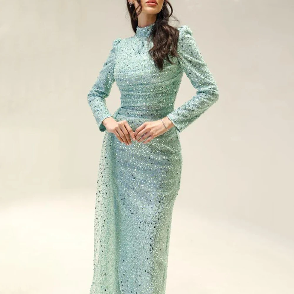 ประณีตเงาเลื่อมชุดราตรีคอยาวแขนยาวตรงความยาวจีบผู้หญิงที่กําหนดเอง Gowns งานแต่งงาน
