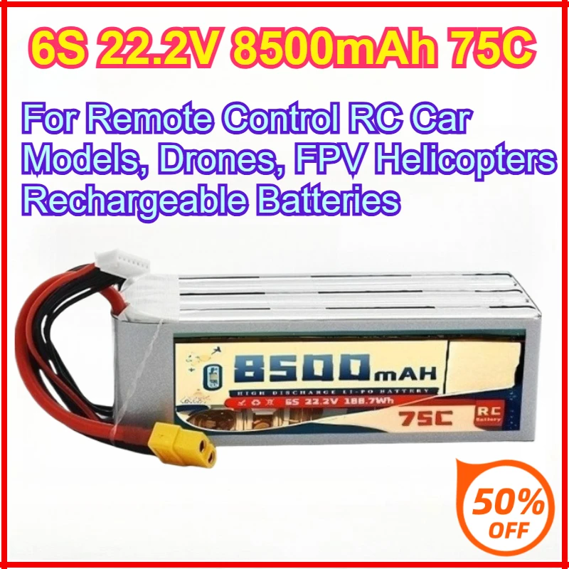 

RC LiPo Battery 6S 22.2V 8500mAh 75C For Remote Control RC Car Models, Drones, FPV Helicopters Rechargeable Batteries