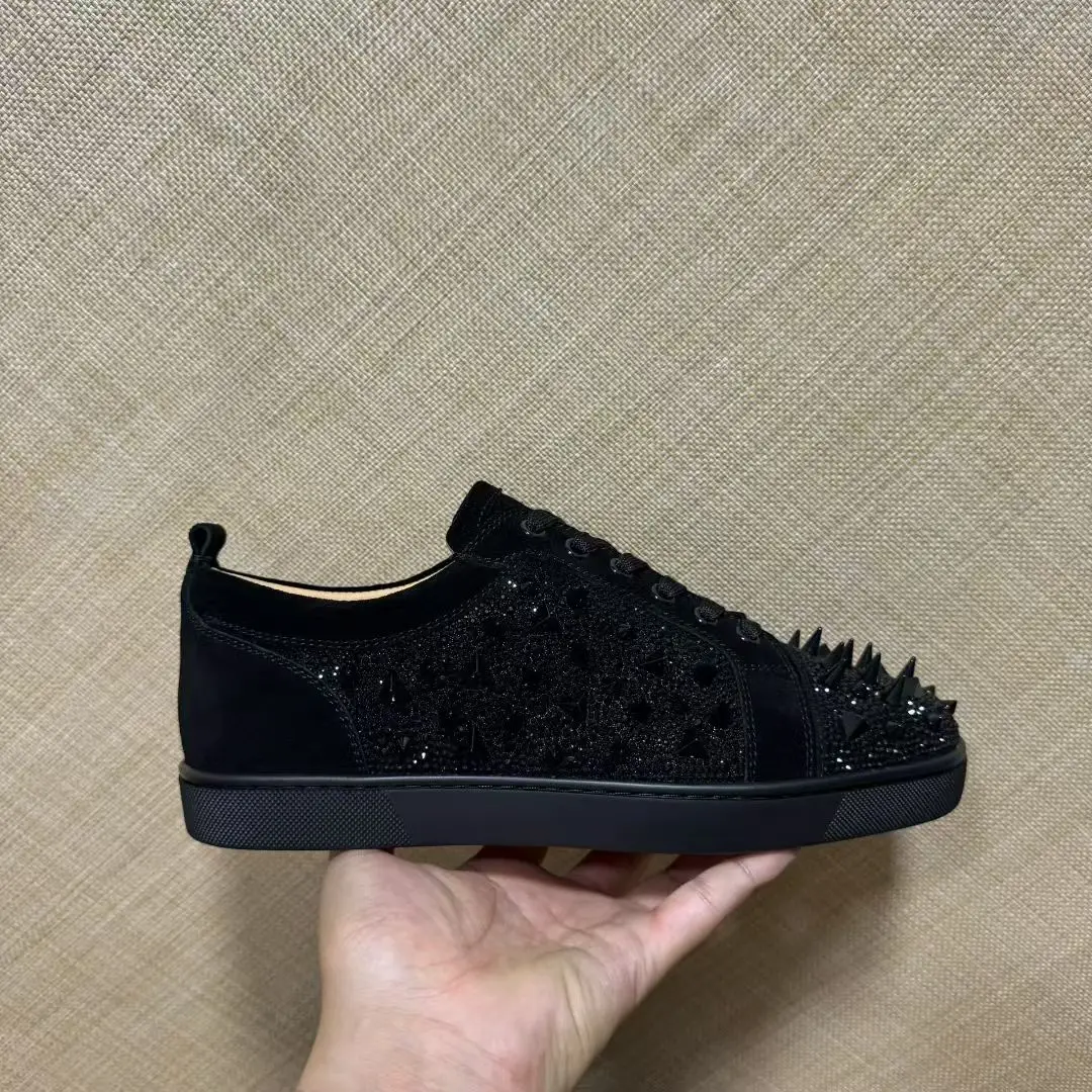 Luxury Men's Rhinestone Messy Rivets Low Cut Suede Leather Lace Up Red Bottom Sneakers Casual Boat Shoes Fashion Party Footwear