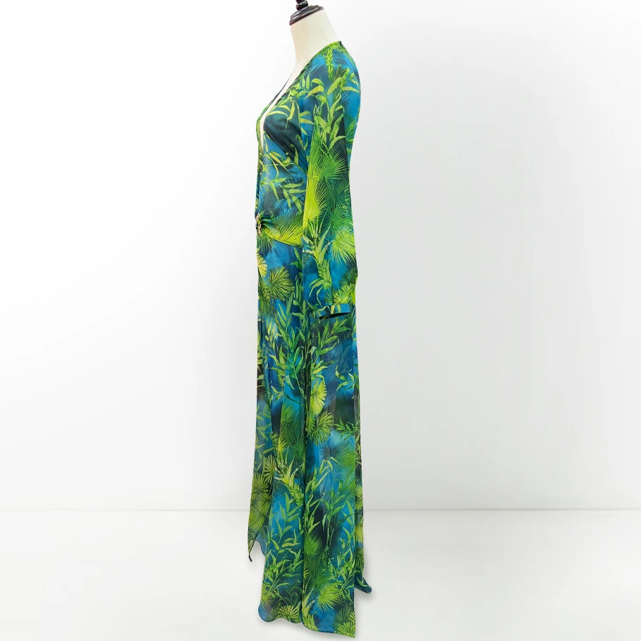 Groene Lange Print Diepe V-Hals Holle Rug Jurk Met Sieraden Knopen Banket Rok Feest Strand Rok