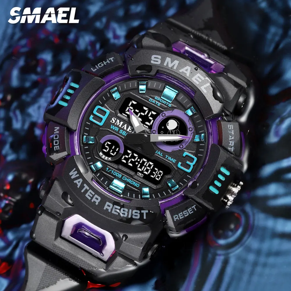 SMAEL Black Purple Digital Watches for Men Fashion Dual Time Display Chronograph Quartz Military Sport Wristwatch with Date 8063