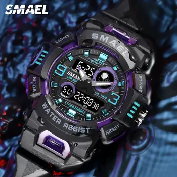 SMAEL black purple digital watches for men fashion dual time display chronograph quartz military sports wristwatch with date 8063