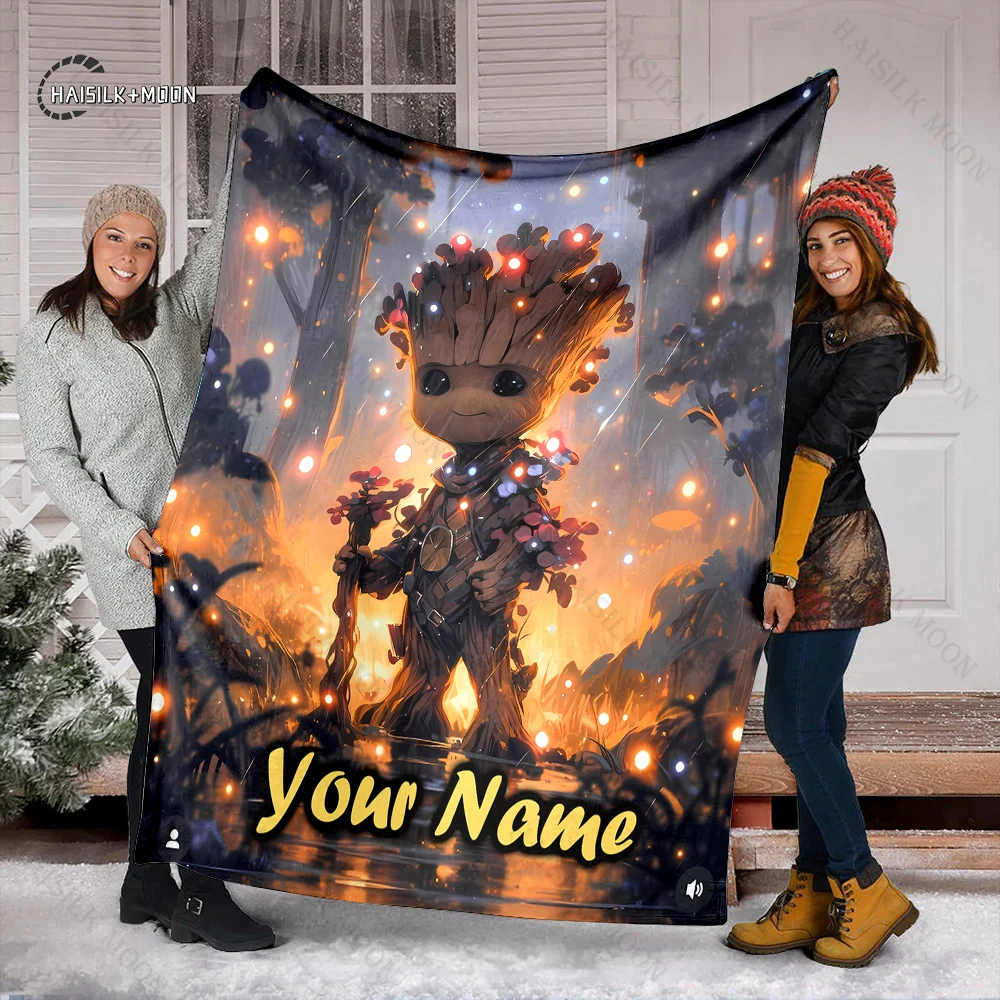 Custom Name Personalized Blanket Marvel Groot Venom Fluffy Soft Flannel Sofa Adult Blanket Office Lunch Break Blanket Kid Gift