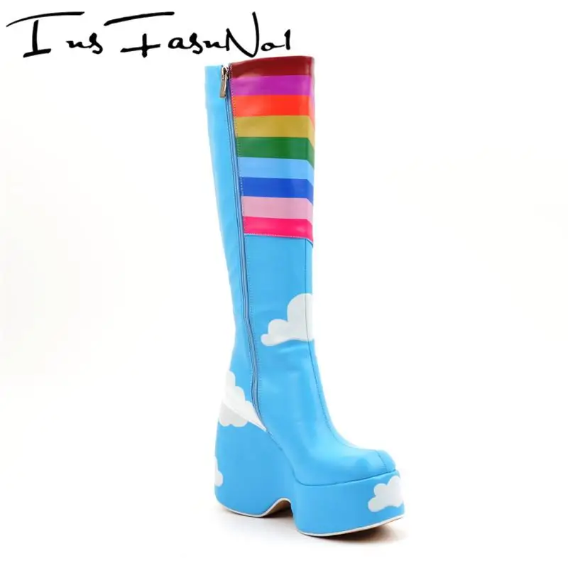 Colorful Rainbow Platform Knee Boots Cloud Blue Sky Graffiti Long Boots Designer Zip Shoes Square Wedges High Heel Sweet Botas