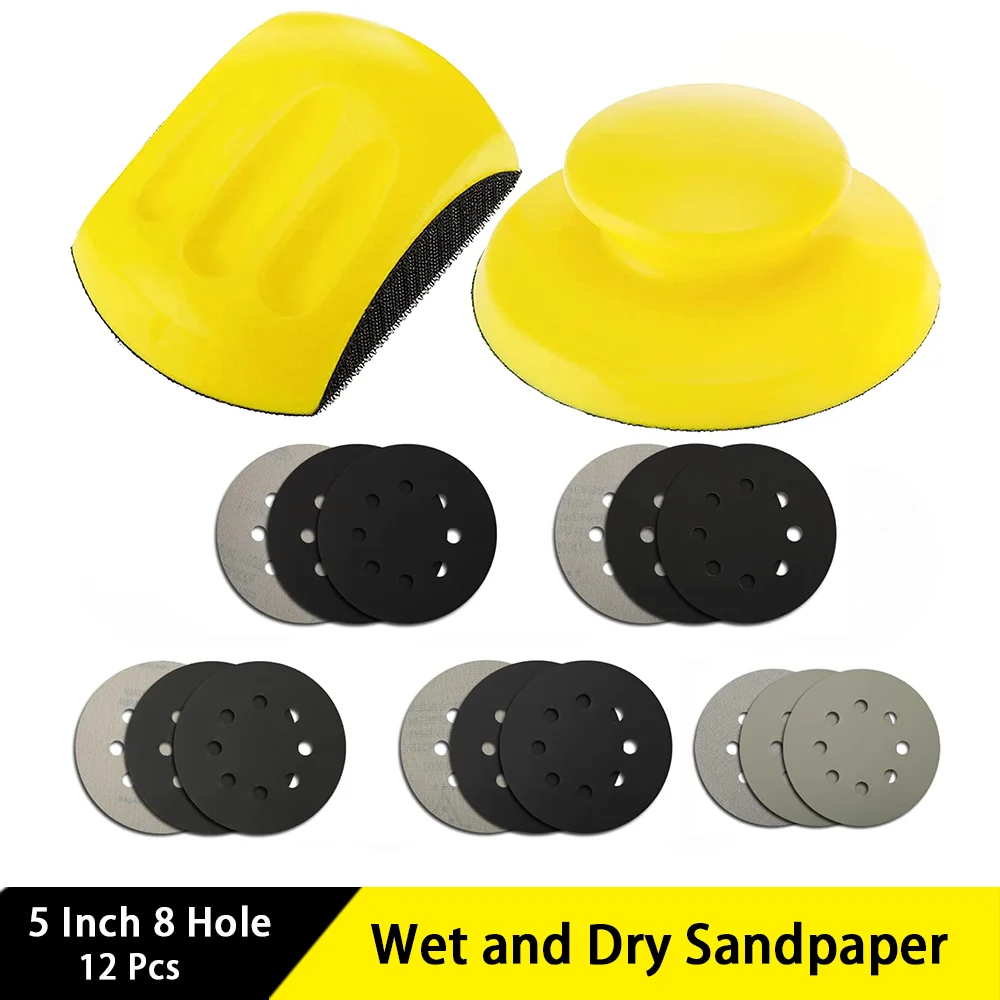 

5 Inch Wet and Dry Sandpaper with Hand Sanding Blocks 12 Pcs Hook and Loop Sanding Discs for Polishing Wood Furniture