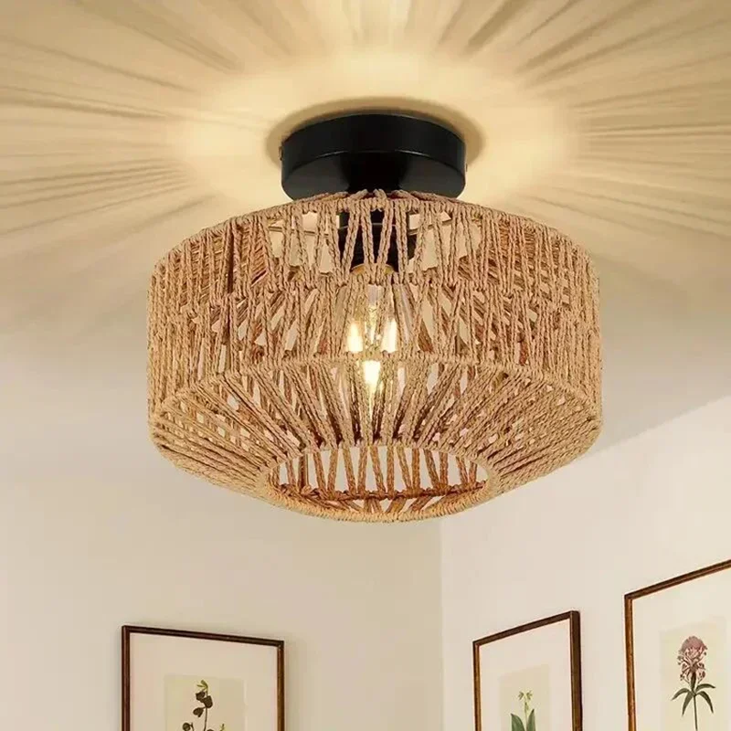 DurableNatural Bamboo Ceiling Chandelier Hanging Lamp Handmade Rattan Fixture Weaving Home Living Room Decor Ceiling Pendant Lig