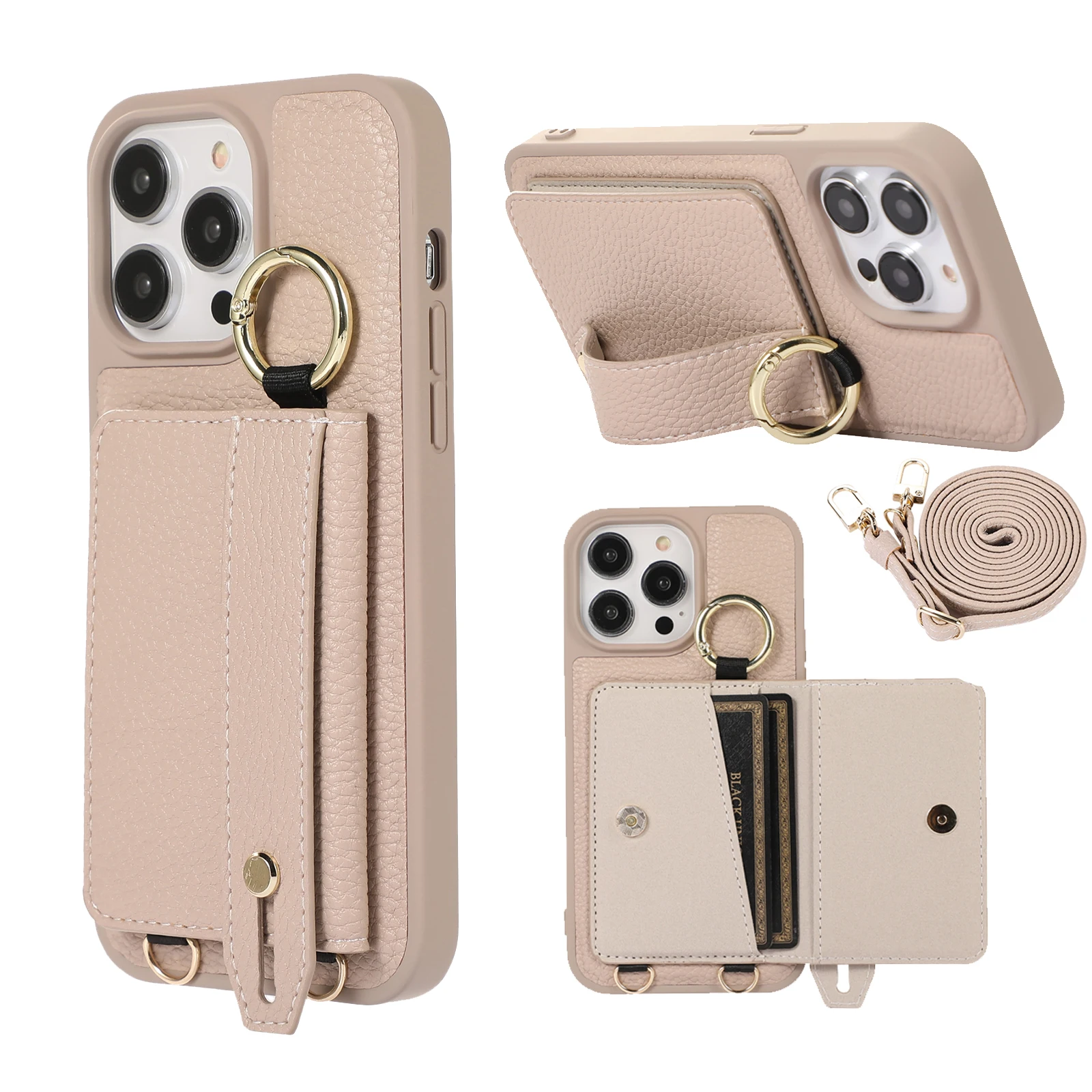 

Crossbody Litchi Leather Card Holder Wallet Case For iPhone 15 Pro Max 14 13 12 11, Hand Strap Wristband Kickstand Phone Cover