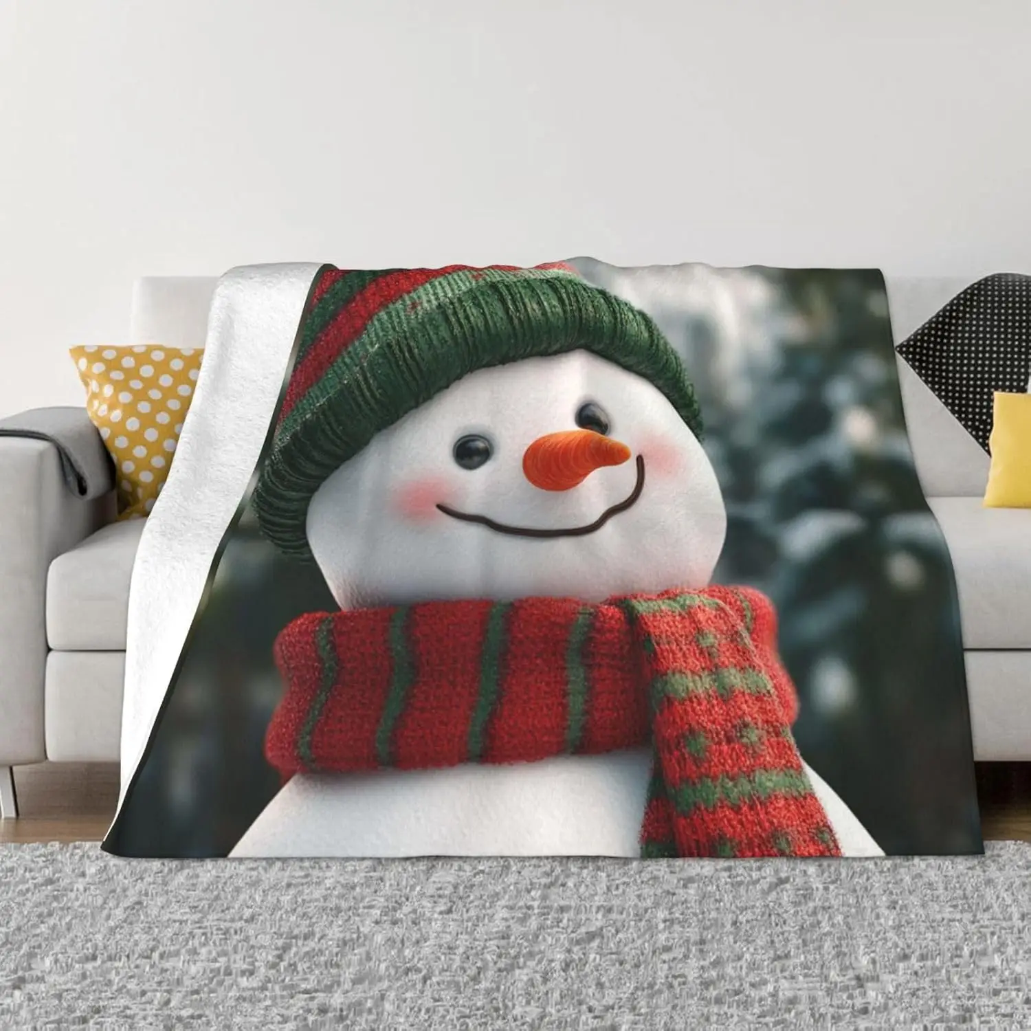 Warm Plush Flannel Blanket Smile Gaze Snowman Throw Blankets Lightweight Fuzzy Decorative Blankets Ultra-Soft Micro Throw for