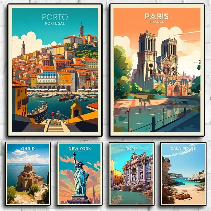 Nordic Retro Porto & Paris City Travel Posters - Canvas Art Prints for Living Room Wall Decor & Tourism Gifts