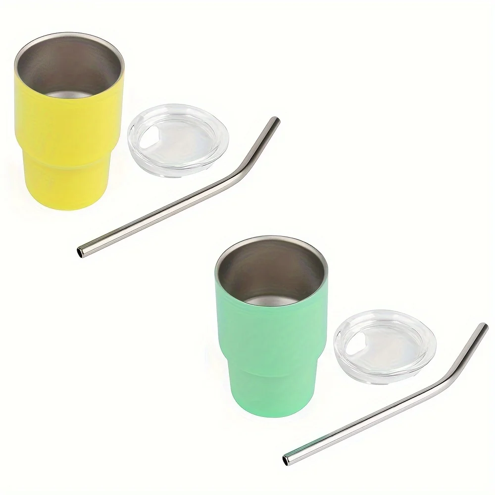 (Yellow + Green, 2 Piece Set  )Shot Glass with Straw 3oz, Mini Stainless Steel Mug with Lid, Cute and Fun Gift