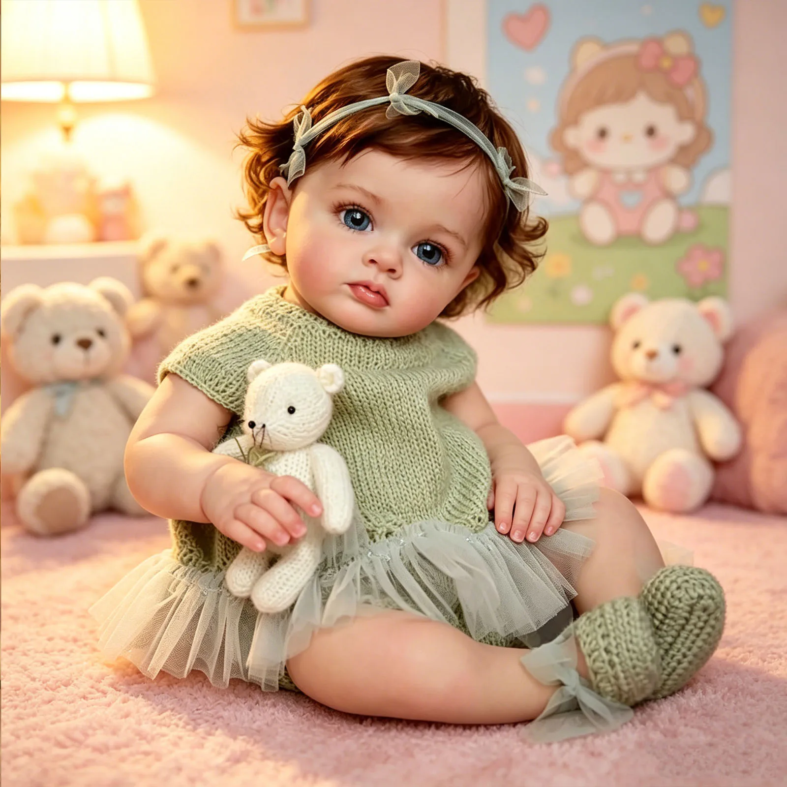 

22" Realistic Reborn Baby Doll - Handmade Lifelike Toddler Girl Doll with Cute Green Knitted Outfit, Tutu, Headband & Plush Teddy Bear, Reborn Doll for Kids 3+, Ideal Birthday/Christmas Gift
