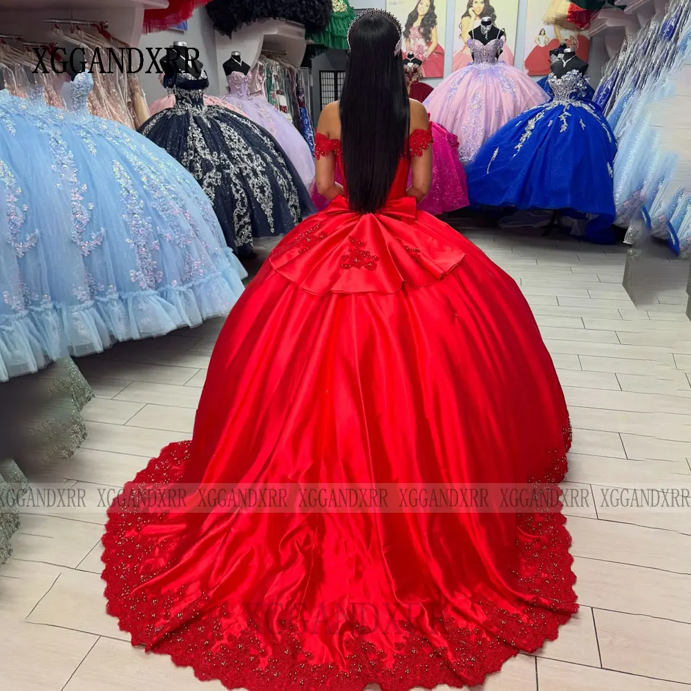 Maßgeschneiderte rote Ballkleid-Quinceanera-Kleider 2026, wunderschönes Sweet-16-Kleid mit V-Ausschnitt und Perlenschichten, Vestidos De 15 Quinceañera-Schleife
