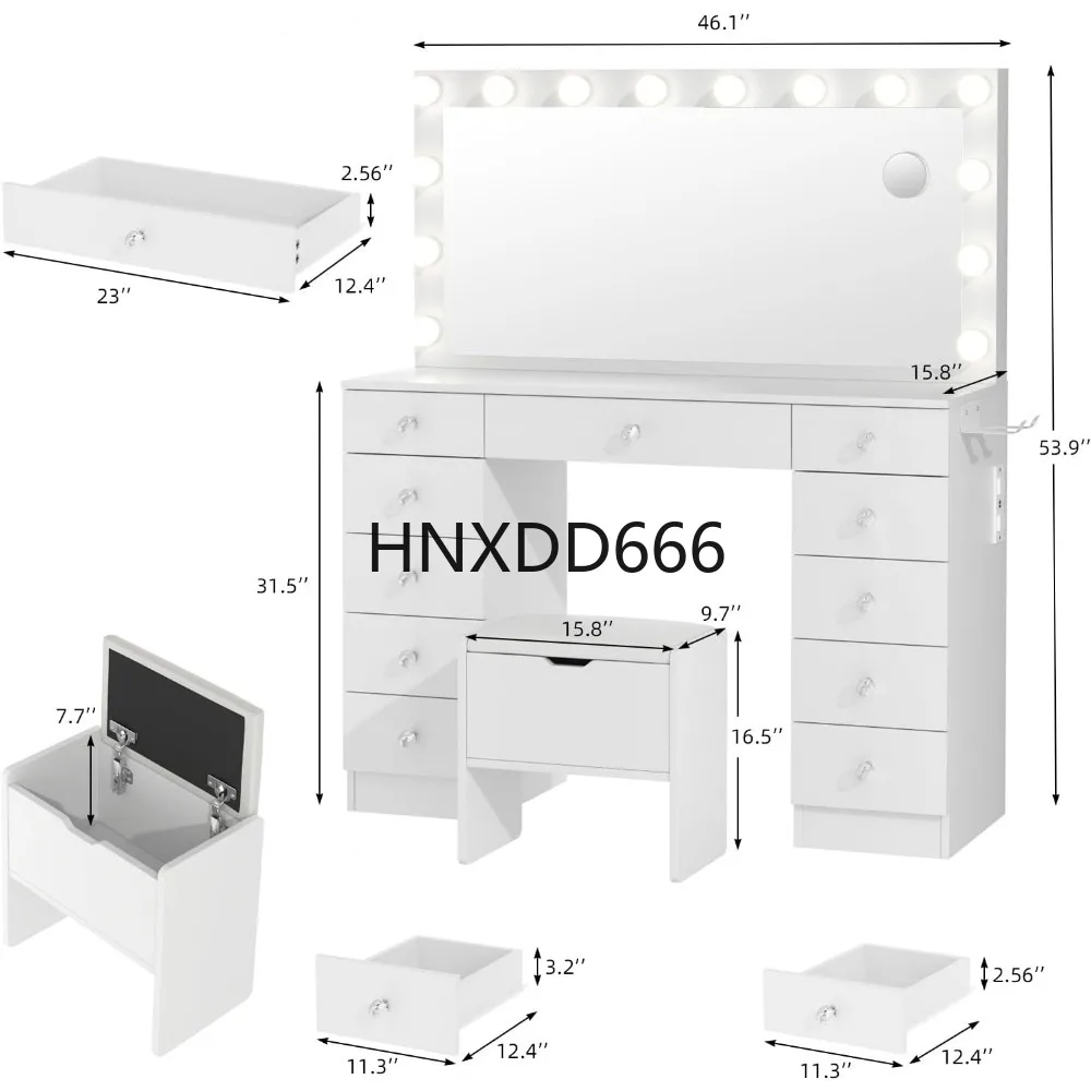 

11 Drawers and Outlet, 3 Color Lighting Modes Adjustable Brightness, 46" Vanity Table with Soft Stool, Makeup Vanities