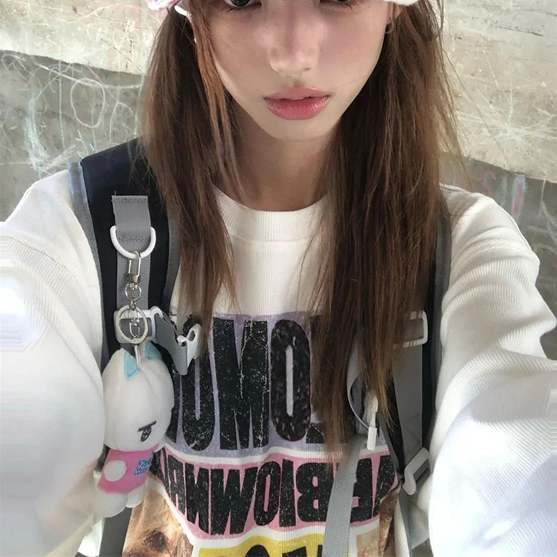 American Vintage Subculture Tee Donna Lettera Stampa Allentata O Collo T Shirt Harajuku Y2K Casual Pigro Stile Preppy Primavera Autunno Top