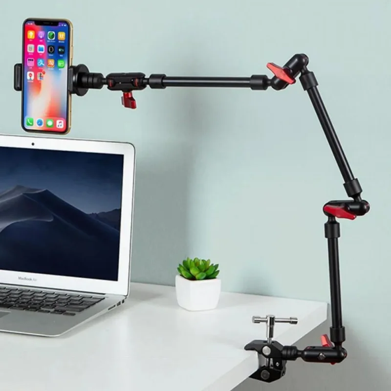 Foldable 3 Arms With Big Clip Cell Phone Holder Cantilever Bracket for Smartphone Camera Universal Desktop Live Streaming Holder