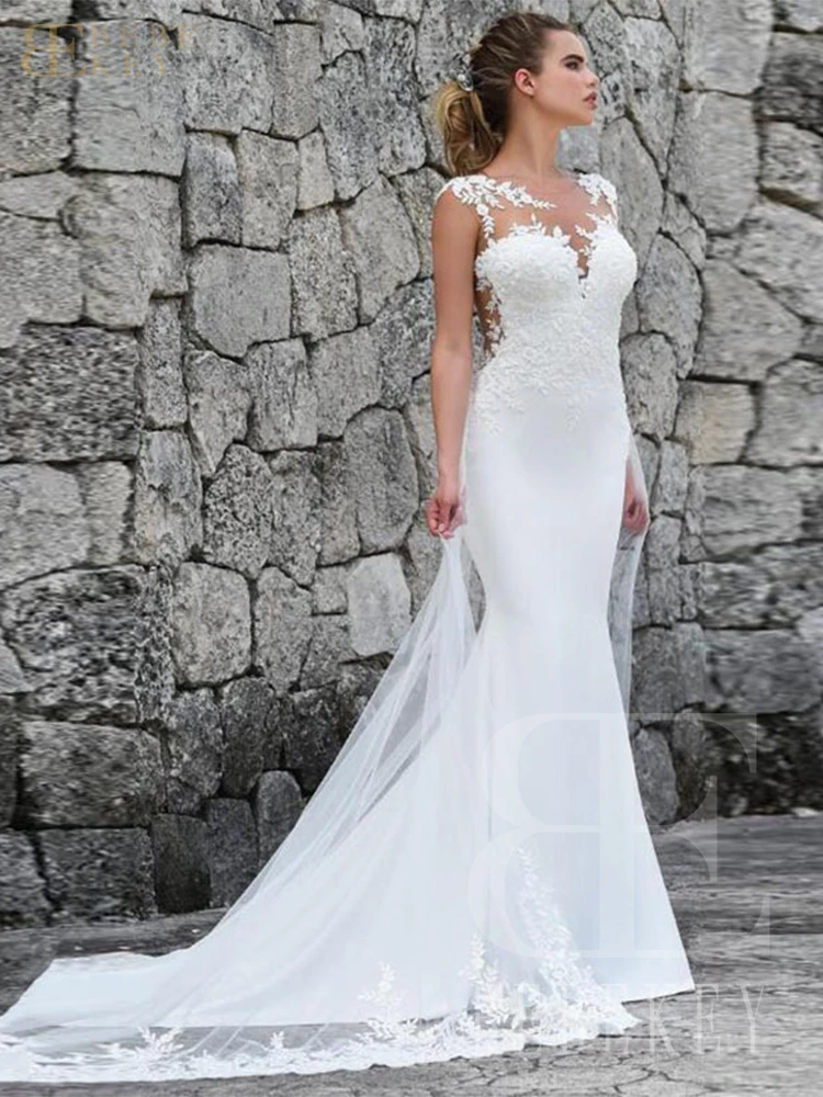 BEBEKEY Elegante abito da sposa in pizzo con applicazioni a doppia traccia Abito da cerimonia nuziale a sirena Abiti da sposa personalizzati Abiti formali