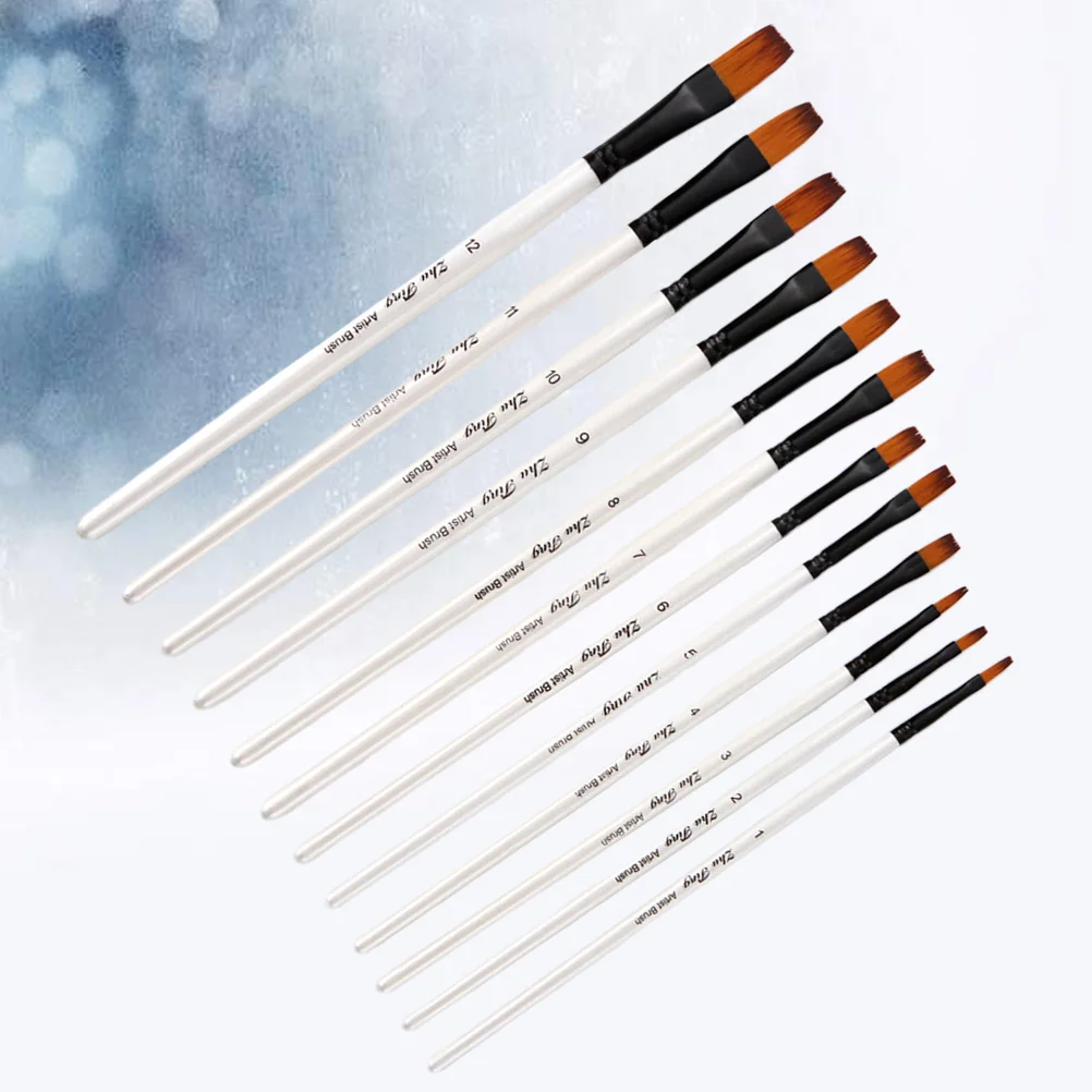12Pcs Painting Kit Wooden Handle Nylon Hair Watercolor Oil Painting Tools (Flat)