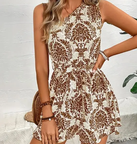 

2026 New Summer Women's Elegant Sexy Printed Slanted Shoulder Drawstring Sleeveless Single Shoulder Short Skirt Jumpsuit
