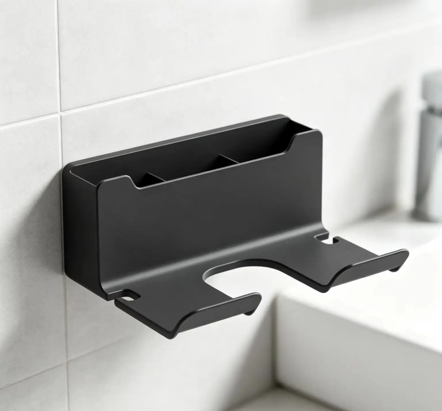 1 pieza de soporte de pared de plástico sin perforaciones para secador de pelo, soporte para plancha de pelo, estante de almacenamiento de accesorios de peinado para baño.