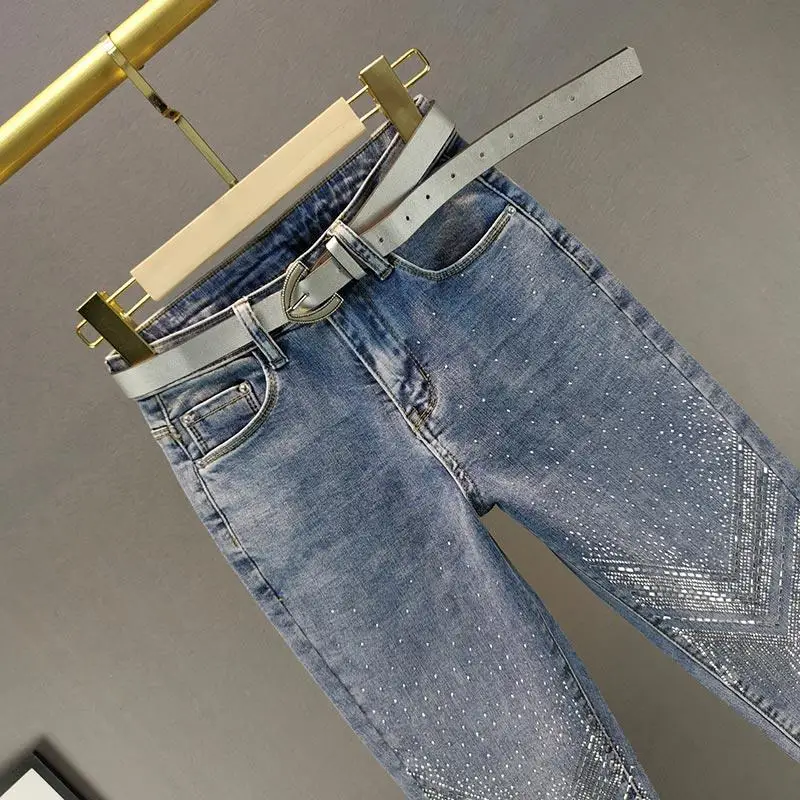 Women's Cotton Stretch Skinny Jeans Rhinestone Details High Waist Cropped Tapered 2026 New European Style Slim Fit Denim